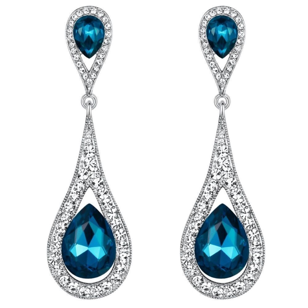 Silver with Sea Blue and White Diamond Austrian Crystal Dual Teardrop Earrings